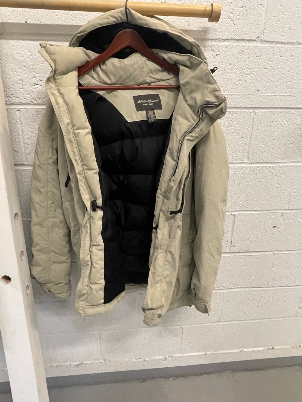 Eddie Bauer Hooded Goose Down Jacket in Light Beige with Black Lining